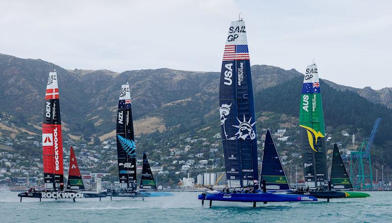 Australia SailGP Team helmed by Tom Slingsby USA SailGP Team helmed by Taylor Canfield New and ROCKWOOL Denmark SailGP Team helmed by Nicolai Sehested ahead of the ITM New Zealand Sail Grand Prix in Christchurch, New Zealand photo copyright Felix Diemer for SailGP taken at  and featuring the F50 class