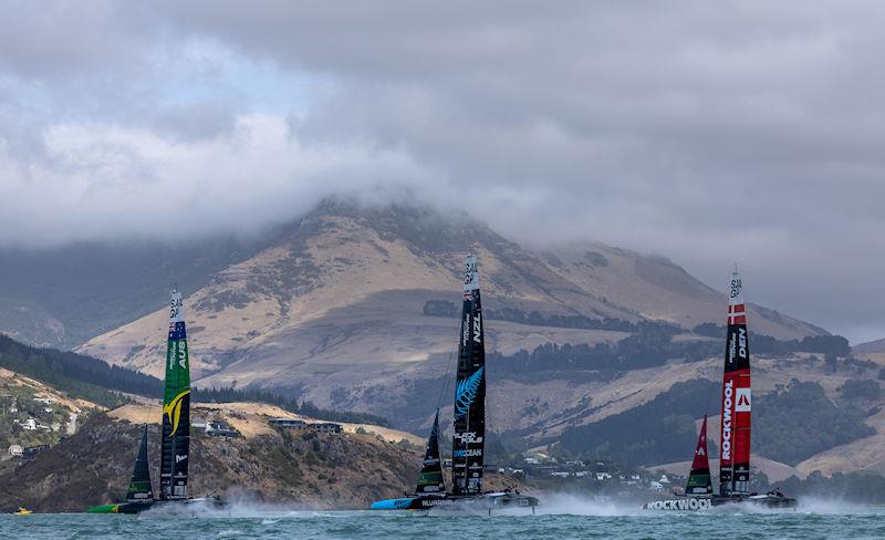 Australia SailGP Team ahead of New Zealand SailGP Team and ROCKWOOL Denmark SailGP Team during a practice session ahead of the ITM New Zealand Sail Grand Prix in Christchurch, New Zealand photo copyright Chloe Knott for SailGP taken at  and featuring the F50 class