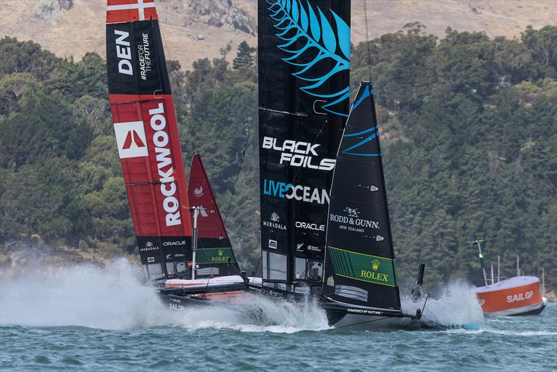 New Zealand SailGP Team ahead of Denmark SailGP Team during a practice session ahead of the ITM New Zealand Sail Grand Prix in Christchurch, March 22, 2024 photo copyright Brett Phibbs/SailGP taken at Naval Point Club Lyttelton and featuring the F50 class