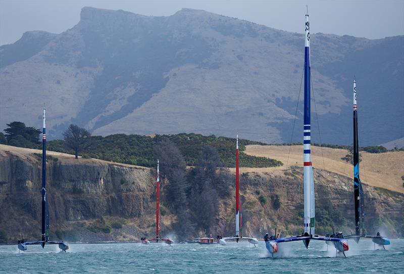 France SailGP Team leads New Zealand SailGP Team and USA SailGP Team during a practice session ahead of the ITM New Zealand Sail Grand Prix in Christchurch, March 22, 2024 photo copyright Felix Diemer/SailGP taken at Naval Point Club Lyttelton and featuring the F50 class