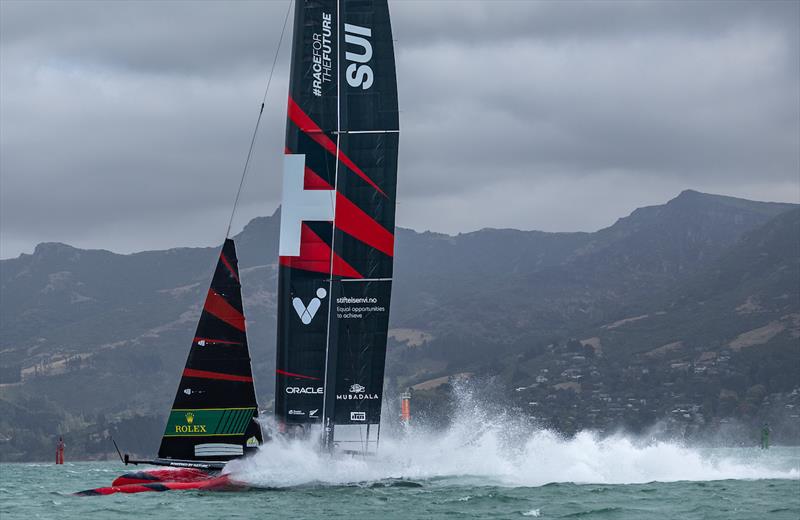 Switzerland SailGP Team helmed by Nathan Outteridge during a practice session ahead of the ITM New Zealand Sail Grand Prix in Christchurch, March 22, 2024 - photo © Chloe Knott/SailGP