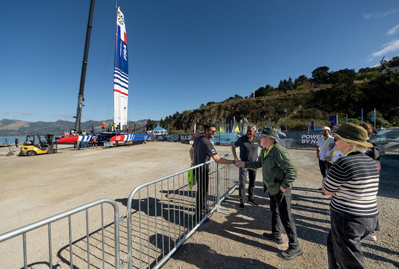 Dave Dobbyn greets Blair Tuke, Co-CEO and wing trimmer of New Zealand SailGP Team, during a tour of the technical area on Race Day 1 of the ITM New Zealand Sail Grand Prix in Christchurch,. March 23, 2024 - photo © Ricardo Pinto/SailGP