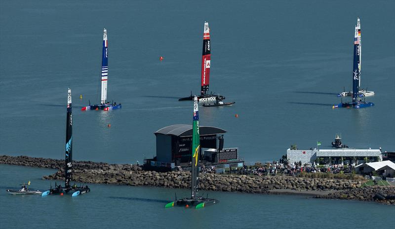 The SailGP F50 catamaran fleet moored around the Main Stage and Platinum Lawn on Race Day 1 of the ITM New Zealand Sail Grand Prix in Christchurch. March 23, 2024 - photo © Felix Diemer / SailGP