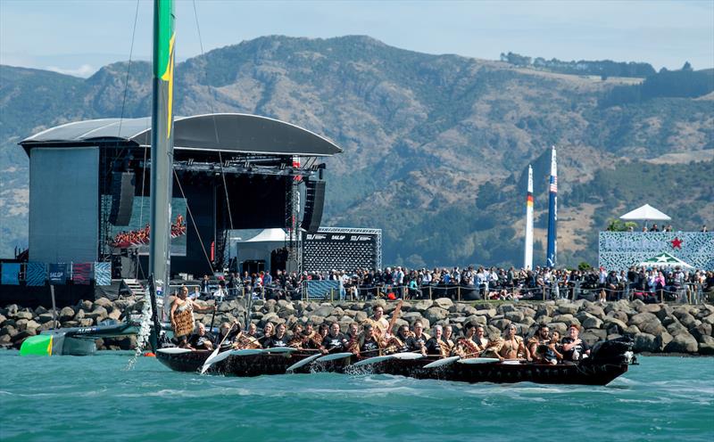 A traditional Maori Waka passes the Platinum Lawn prior to racing on Race Day 1 of the ITM New Zealand Sail Grand Prix in Christchurch. March 23, 2024 photo copyright Ricardo Pinto/SailGP taken at Naval Point Club Lyttelton and featuring the F50 class