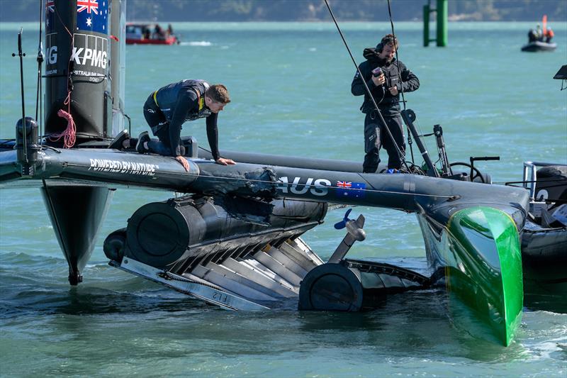 Tom Slingsby, CEO and driver of Australia SailGP Team, looks over the damage sustained to the F50 catamaran after they hit a finish line marker during Race 1  of the ITM New Zealand Sail Grand Prix in Christchurch, March 24, 2024 - photo © Ricardo Pinto/SailGP
