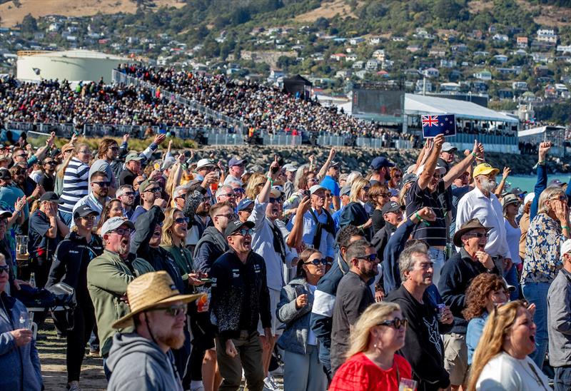 Spectators react as the SailGP F50 catamarans go into action on Race Day 2 of the ITM New Zealand Sail Grand Prix in Christchurch,24th March  photo copyright Iain McGregor/SailGP taken at Naval Point Club Lyttelton and featuring the F50 class