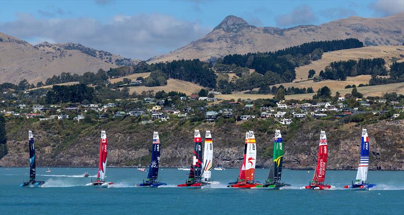 The SailGP F50 catamaran fleet in action on Race Day 2 of the ITM New Zealand Sail Grand Prix in Christchurch,  Sunday 24th March - photo © Brett Phibbs/SailGP