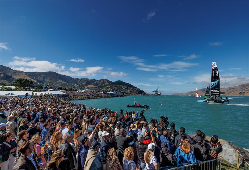 New Zealand SailGP Team  and Canada SailGP Team  sail past spectators on Race Day 2 of the ITM New Zealand Sail Grand Prix in Christchurch, 24th March photo copyright Iain McGrego /SailGP taken at Naval Point Club Lyttelton and featuring the F50 class