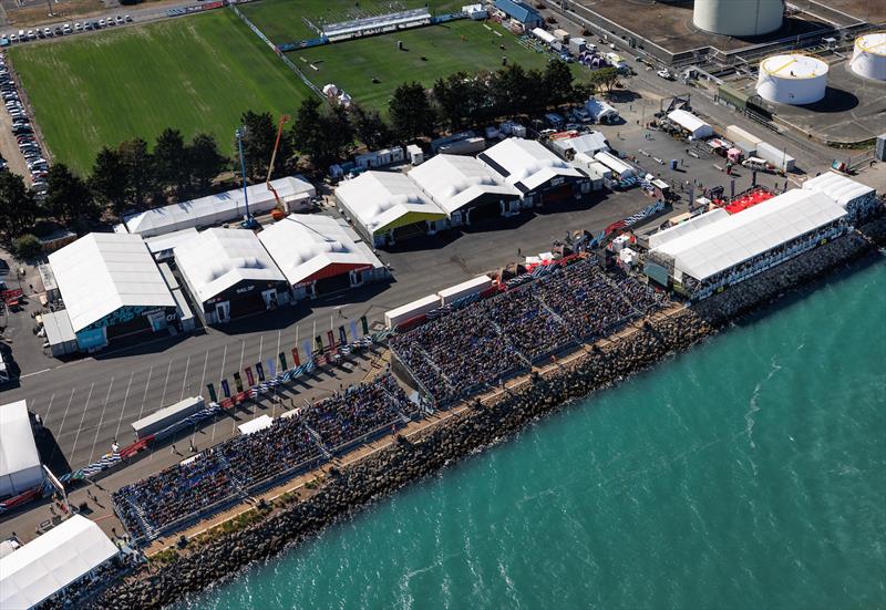 An aerial view of the Technical Area and Race Stadium on Race Day 2 of the ITM New Zealand Sail Grand Prix in Christchurch, .24th March  photo copyright Felix Diemer/SailGP taken at Naval Point Club Lyttelton and featuring the F50 class