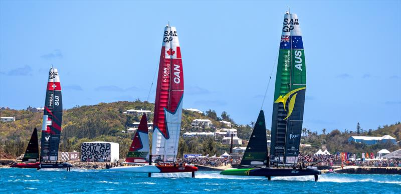 Switzerland SailGP Team, Canada SailGP Team and Australia SailGP Team  pass the SailGP Race Stadium and grandstand on Race Day 1 of the Apex Group Bermuda Sail Grand Prix - May 4, 2024 - photo © Felix Diemer/SailGP