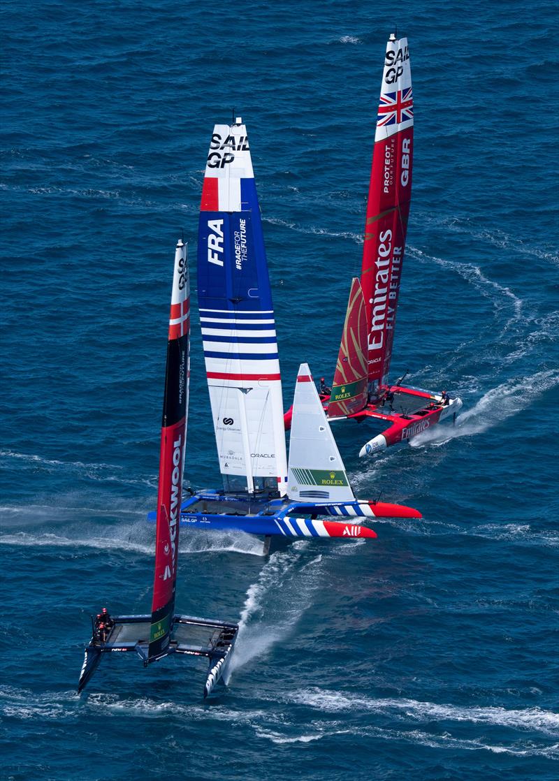 France SailGP Team helmed by Quentin Delapierre sail between ROCKWOOL Denmark SailGP Team and Emirates Great Britain SailGP Team on Race Day 1 of the Apex Group Bermuda Sail Grand Prix in Bermuda photo copyright Bob Martin for SailGP taken at  and featuring the F50 class