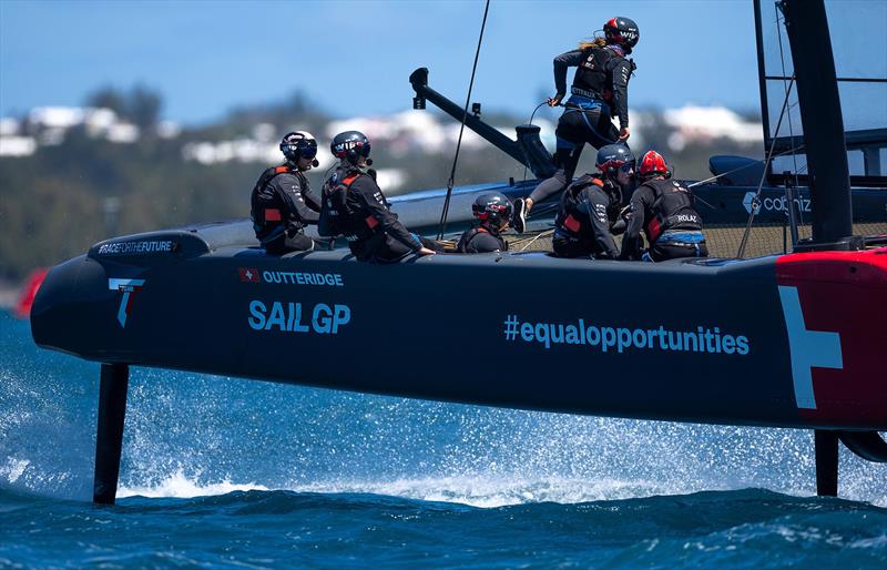 Switzerland SailGP Team helmed by Nathan Outteridge as Laurane Mettraux, grinder and strategist of Switzerland SailGP Team, crosses the boat on Race Day 1 of the Apex Group Bermuda Sail Grand Prix in Bermuda - photo © Samo Vidic for SailGP