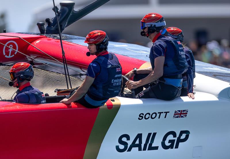Luke Parkinson, flight controller of Emirates Great Britain SailGP Team, Iain Jensen, wing trimmer of Emirates Great Britain SailGP Team and Giles Scott, driver of Emirates Great Britain SailGP Team on Race Day 2 of the Apex Group Bermuda Sail Grand Prix photo copyright Samo Vidic for SailGP taken at  and featuring the F50 class