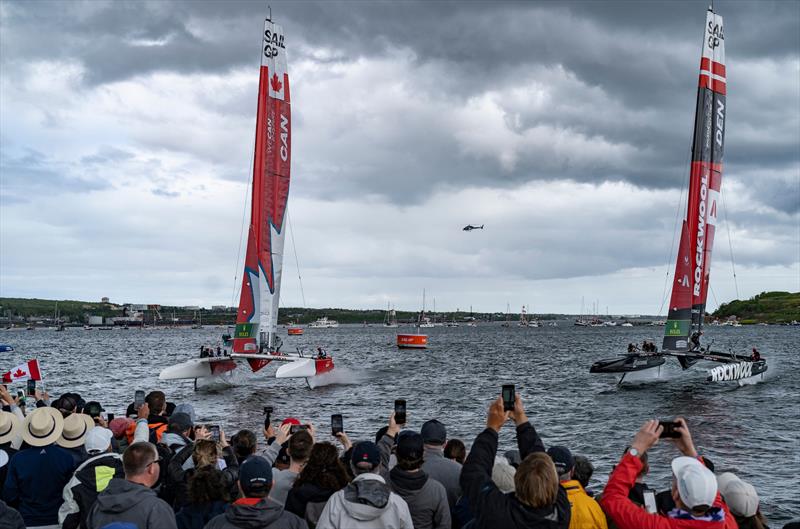 Canada SailGP Team and R Denmark SailGP Team sail toward the spectators on Race Day 1 of the Rockwool Canada Sail Grand Prix in Halifax - photo © Andrew Baker/SailGP