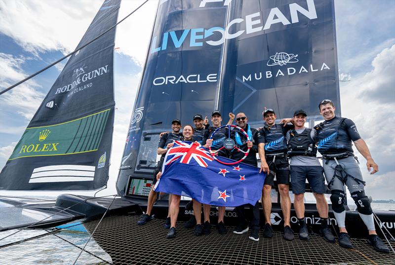 HE Homaid Al Shimmari, Deputy Group CEO and Chief Corporate and Human Capital Officer in Mubudala Investment Company, presents the winners trophy to NZ SailGP Team on-board their F50 catamaran after they won  the Mubadala New York SailGP - June 23, 2024 photo copyright Ricardo Pinto/SailGP taken at New York Yacht Club and featuring the F50 class