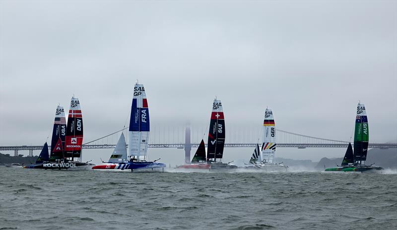 The SailGP in action as they pass the Golden Gate Bridge on Race Day 1 of the SailGP Season 4 Grand Final in San Francisco, USA photo copyright Samo Vidic for SailGP taken at  and featuring the F50 class
