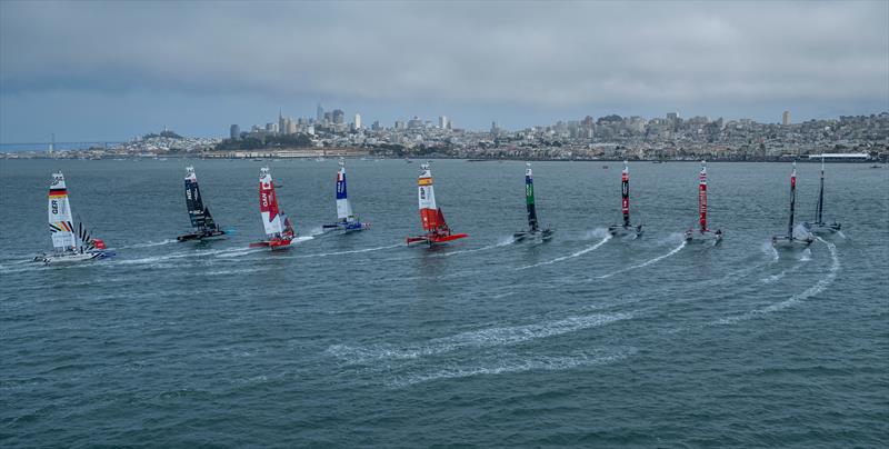 The SailGP F50 catamaran fleet in action in front of the San Francisco skyline on Race Day 1 of the SailGP Season 4 Grand Final in San Francisco - photo © Ricardo Pinto for SailGP