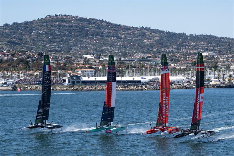 ROCKWOOL Denmark SailGP Team helmed by Nicolai Sehested alongside Emirates Great Britain SailGP Team, USA SailGP Team and France SailGP Team during racing on Race Day 1 of the Rolex Los Angeles Sail Grand Prix - photo © Ricardo Pinto for SailGP