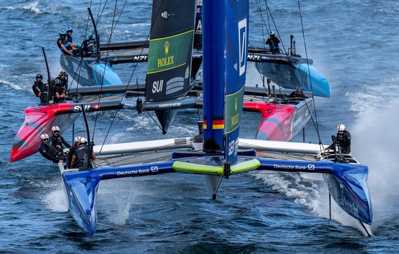 Germany SailGP TeamHeil ahead of Switzerland SailGP Team and New Zealand SailGP Team on Race Day 1 of the KPMG Australia Sail Grand Prix Sydney, Australia.February 8, 2025 photo copyright Jon Buckle/SailGP taken at Royal Sydney Yacht Squadron and featuring the F50 class