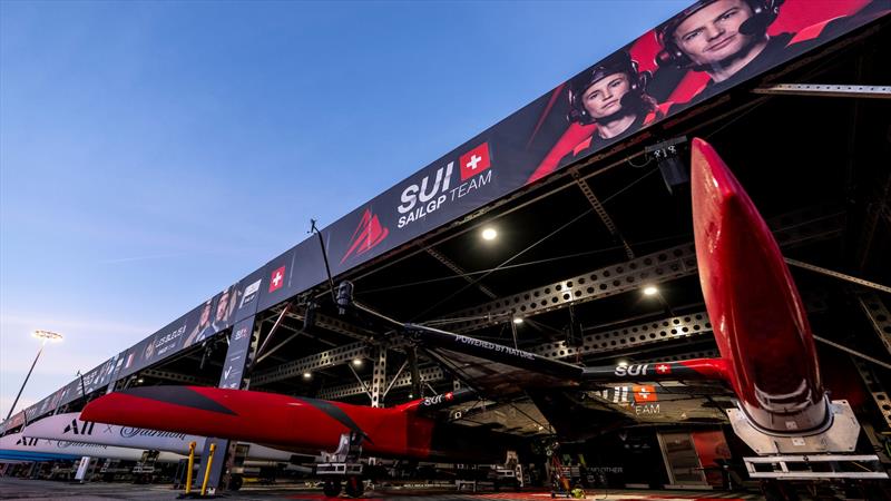 The SailGP team hangar of the Switzerland SailGP Team in the technical area on Race Day 2 of the Rolex Los Angeles Sail Grand Prix held in the Port of Los Angeles, California, USA. Sunday 16 March. Rolex SailGP Championship Event 4 Season - photo © Ricardo Pinto for SailGP
