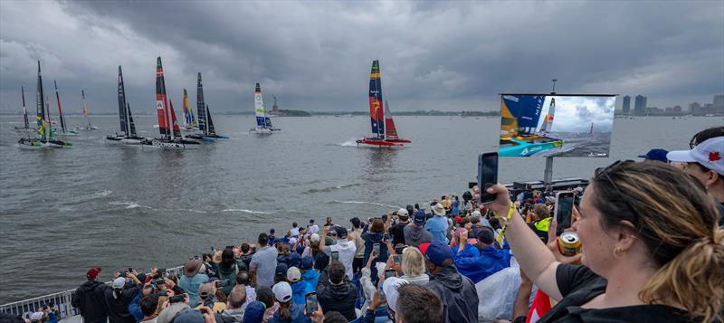 Spectators watch from the grandstand as Spain SailGP Team helmed by Diego Botin lead the fleet on Race Day 1 of the Mubadala New York Sail Grand Prix in New York, USA. Saturday 7 June. Rolex SailGP Championship Event 6 Season - photo © Andrew Baker for SailGP