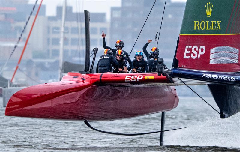 Spain SailGP Team helmed by Diego Botin celebrate as they cross the finish line in the final to win the Mubadala New York Sail Grand Prix - photo © Ricardo Pinto for SailGP