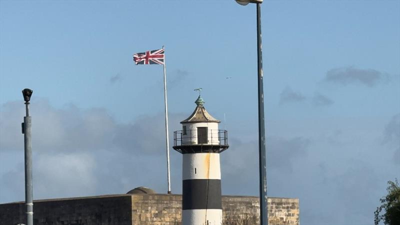 The Ensign is very straight - Portsmouth waterfront on Tuesday evening, ahead of this weekend's SailGP Portsmouth - photo © Richard Gladwell - Sail-World.com / nz