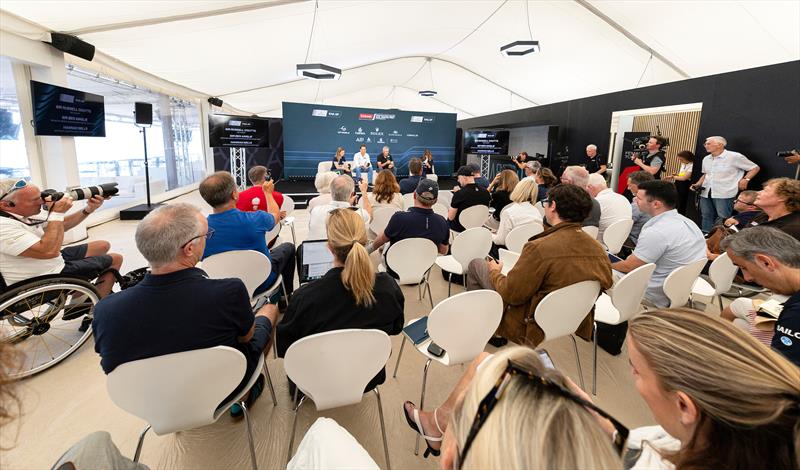 Suzi Perry speaks alongside Hannah Mills, strategist and Ben Ainslie, CEO of Emirates Great Britain SailGP Team, and Sir Russell Coutts, SailGP CEO, during a pre-event press conference ahead of the Emirates Great Britain Sail Grand Prix photo copyright Simon Bruty for SailGP taken at  and featuring the F50 class