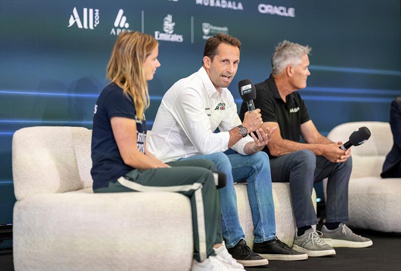 Hannah Mills, strategist of Emirates Great Britain SailGP Team, Ben Ainslie, CEO of Emirates Great Britain SailGP Team and Sir Russell Coutts, SailGP CEO, speaks to the media ahead of the Emirates Great Britain Sail Grand Prix photo copyright Simon Bruty for SailGP taken at  and featuring the F50 class