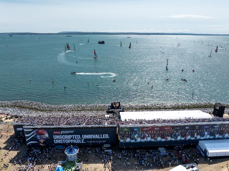 Aerial view of the SailGP Race Stadium and Grandstand ahead of Race Day 1 of the Emirates Great Britain Sail Grand Prix in Portsmouth, UK - photo © Jason Ludlow for SailGP