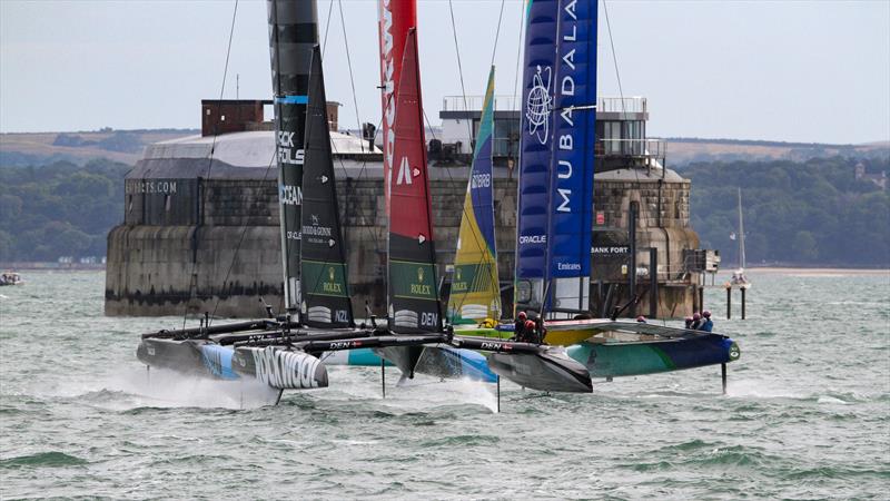 Denmark pursued by the BlackFoils with Brazil to windward - Day 1 - SailGP Portsmouth - July 19, 2025 - photo © Richard Gladwell/Sail-World.com/nz