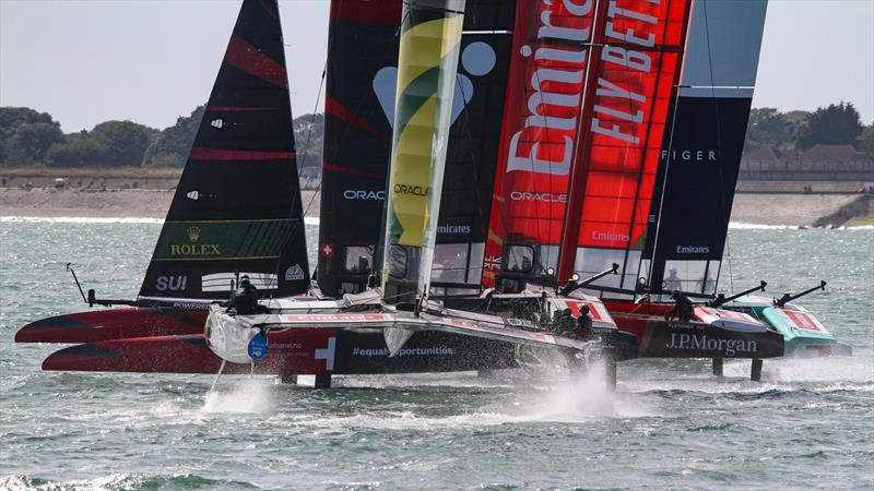 Switzerland and Emirates GB in lockstep - Day 1 - SailGP Portsmouth - July 19, 2025Day 1 - SailGP Portsmouth - July 19, 2025 - photo © Richard Gladwell/Sail-World.com/nz
