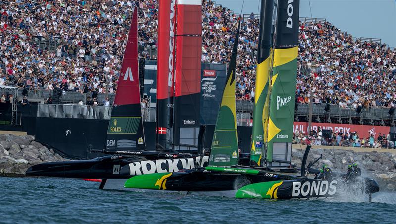 BONDS Flying Roos SailGP Team helmed by Tom Slingsby and ROCKWOOL Denmark SailGP Team helmed by Nicolai Sehested on Race Day 1 of the Emirates Great Britain Sail Grand Prix in Portsmouth, UK - photo © Ricardo Pinto for SailGP