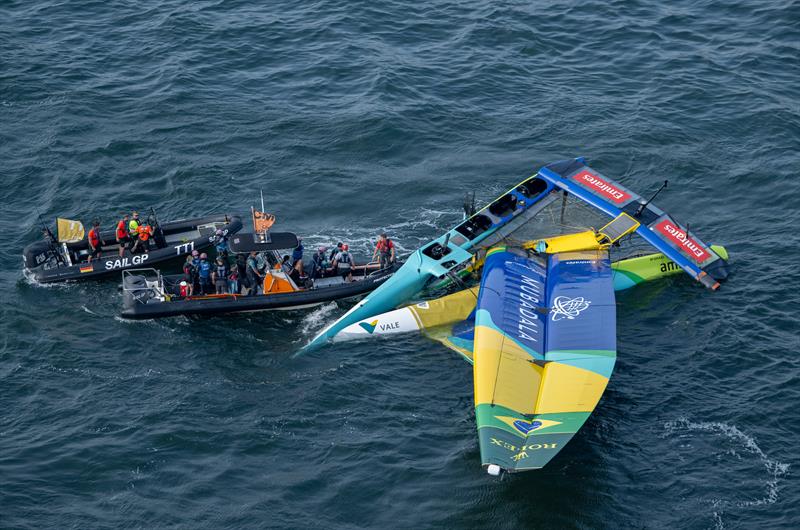 Mubadala Brazil SailGP Team following an nosedive during a practice session ahead of the Germany Sail Grand Prix in Sassnitz photo copyright Ricardo Pinto for SailGP taken at  and featuring the F50 class
