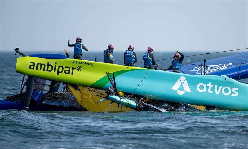 Mubadala Brazil SailGP Team following an nosedive during a practice session ahead of the Germany Sail Grand Prix in Sassnitz photo copyright Ricardo Pinto for SailGP taken at  and featuring the F50 class