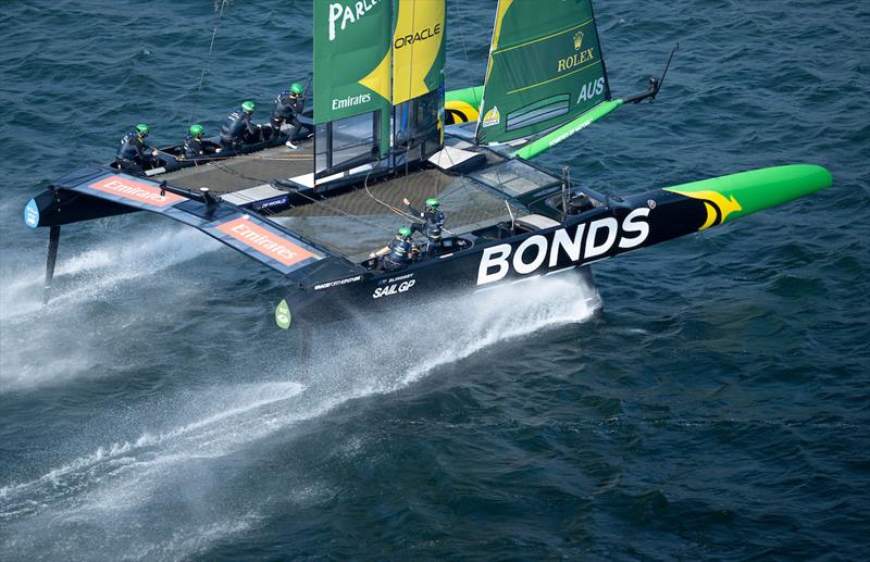 BONDS Flying Roos SailGP Team helmed by Tom Slingsby in action during a practice session ahead of the Germany Sail Grand Prix in Sassnitz, Germany. Friday 15 August . Rolex SailGP Championship Event 8 Season  - photo © Ricardo Pinto for SailGP