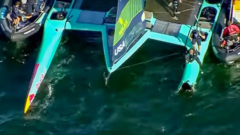USA lost their port bow after contact with Emirates GBR in Race 4 - Sail GP Germany - August 16, 2025 - photo © SailGP