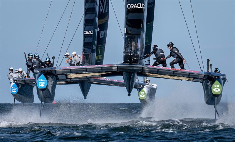 New Zealand SailGP Team helmed by Peter Burling races closely behind France SailGP Team helmed by Quentin Delapierre - Race Day 1 of Germany Sail Grand Prix - photo © Jonathan Nackstrand for SailGP