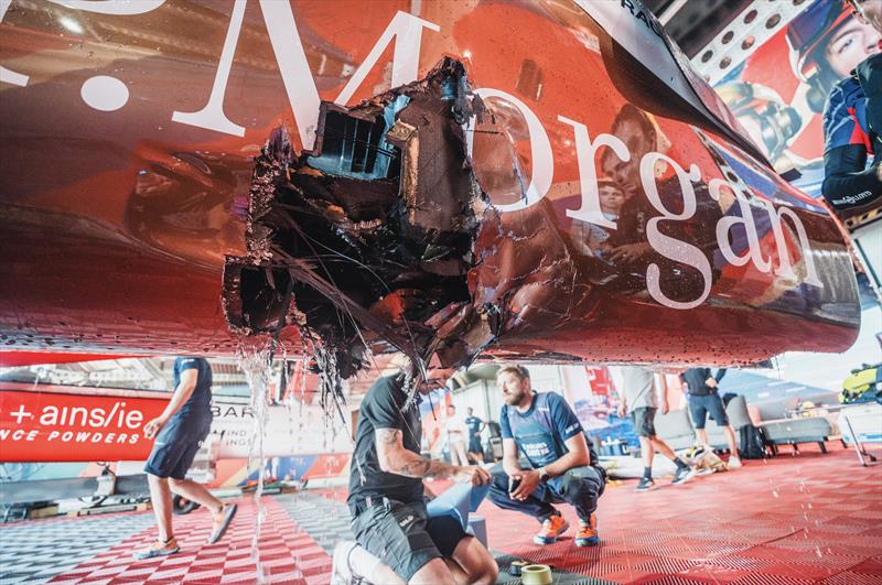 Tech Team assess the damage to Emirates GBR after Race Day 1 of Germany Sail Grand Prix - photo © SailGP Team Emirates GBR