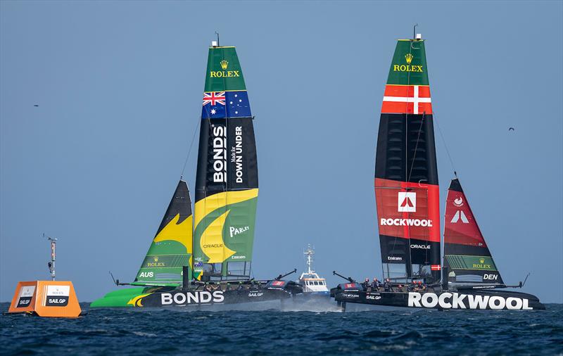 BONDS Flying Roos SailGP Team helmed by Tom Slingsby races alongside ROCKWOOL Denmark SailGP Team helmed by Nicolai Sehested on Race Day 1 of the Germany Sail Grand Prix in Sassnitz, Germany. Saturday 16 August - photo © Jonathan Nackstrand for SailGP
