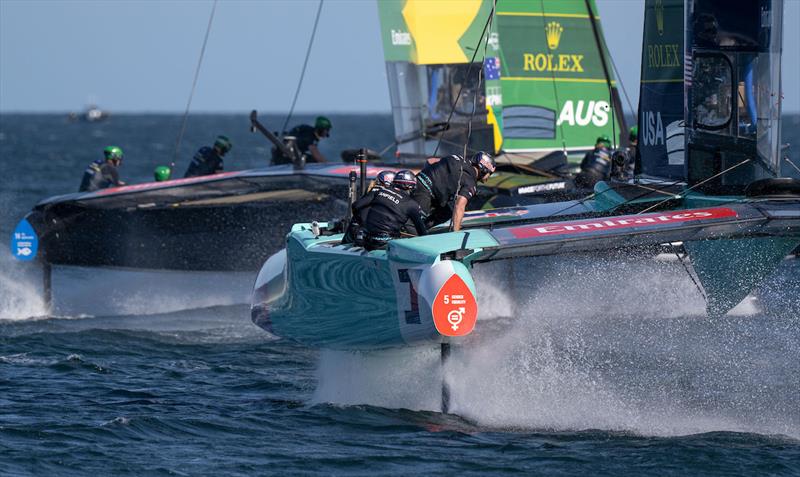 USA SailGP Team helmed by Taylor Canfield and BONDS Flying Roos SailGP Team helmed by Tom Slingsby in action on Race Day 1 of the Germany Sail Grand Prix in Sassnitz, Germany. Saturday 16 August - photo © Jason Ludlow for SailGP