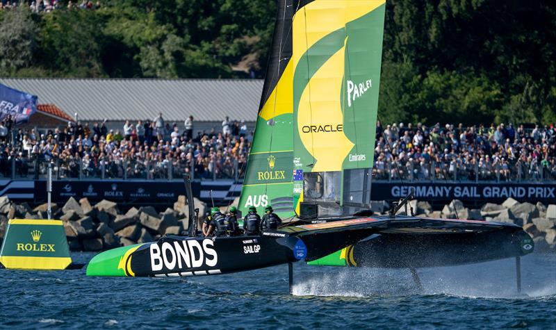BONDS Flying Roos SailGP Team helmed by Tom Slingsby in action in front of the grandstand in the SailGP Race Stadium on Race Day 1 of the Germany Sail Grand Prix in Sassnitz, Germany. Saturday 16 August - photo © Ricardo Pinto for SailGP