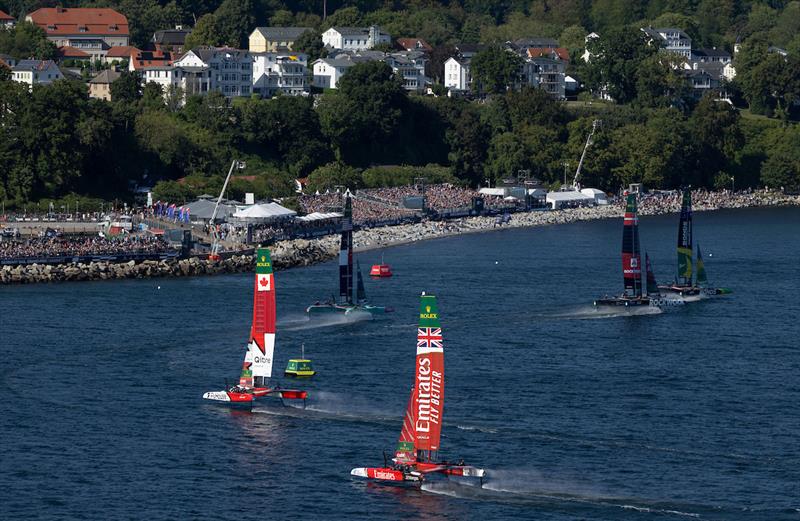 The fleet passes by the grandstand on Race Day 1 of the Germany Sail Grand Prix in Sassnitz, Germany. Saturday 16 August - photo © Felix Diemer for SailGP