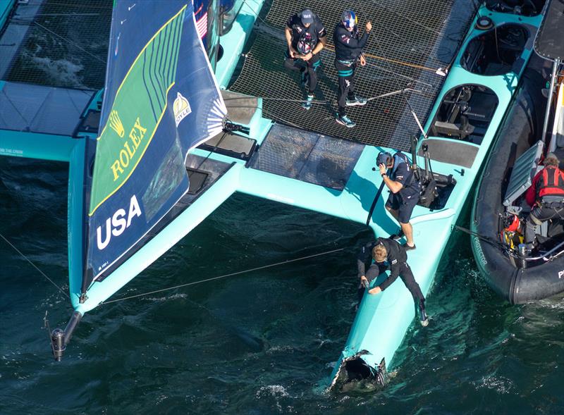 Aerial view of the damage to USA SailGP Team helmed by Taylor Canfield F50 catamaran hull following a collision with Emirates Great Britain SailGP Team helmed by Dylan Fletcher on Race Day 1 of the Germany Sail Grand Prix in Sassnitz, Germany - photo © Felix Diemer for SailGP
