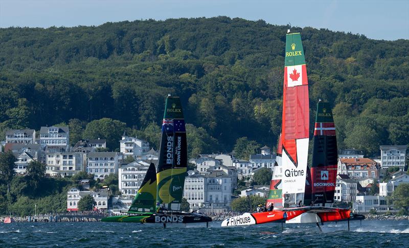 BONDS Flying Roos SailGP Team helmed by Tom Slingsby, Canada NorthStar SailGP Team helmed by Giles Scott and ROCKWOOL Denmark SailGP Team helmed by Nicolai Sehested in action on Race Day 1 of the Germany Sail Grand Prix in Sassnitz, Germany - photo © Jonathan Nackstrand for SailGP