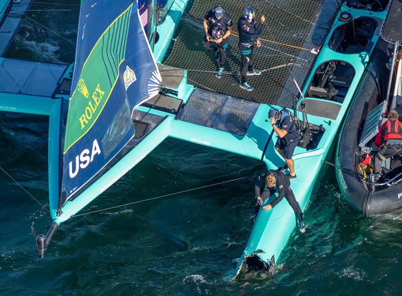 USA lost their port bow after contact with Emirates GBR in Race 4 - Day 1 - Sail GP Germany - August 16, 2025 - photo © Felix Diemer/SailGP