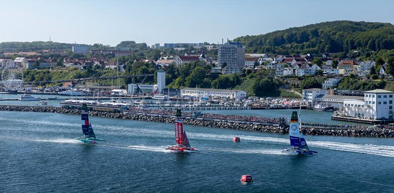 Germany leads  Britain and USA across the finish line to win Race 1 - Day 1 - Sail GP Germany - August 16, 2025 - photo © Felix Diemer/SailGP