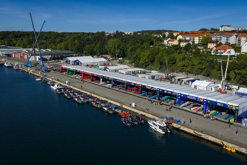Aerial view of the hangers and the SailGP technical area ahead of racing on Race Day 2 of the Germany Sail Grand Prix in Sassnitz - photo © Ricardo Pinto for SailGP