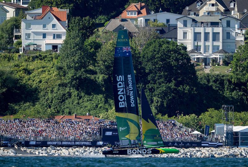 BONDS Flying Roos SailGP Team helmed by Tom Slingsby passes the grandstand in the SailGP Race Stadium on Race Day 2 of the Germany Sail Grand Prix in Sassnitz, Germany. Sunday 17 August - photo © Ricardo Pinto for SailGP