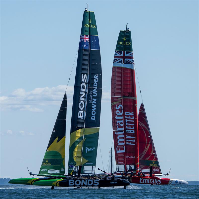 BONDS Flying Roos SailGP Team helmed by Tom Slingsby and Emirates Great Britain SailGP Team helmed by Dylan Fletcher on Race Day 2 of the Germany Sail Grand Prix in Sassnitz, Germany. Sunday 17 August - photo © Ricardo Pinto for SailGP